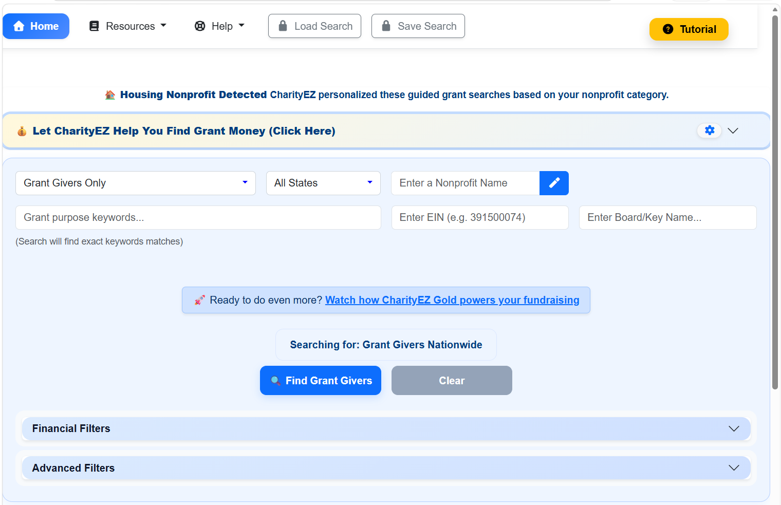 Search screen for finding and comparing charities and foundations